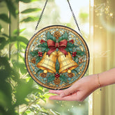 Christmas Bells Stained Glass Suncatcher, Round Holiday Window Panel with Holly, Pinecones and Red Bow, Festive Winter Home Decor Gift